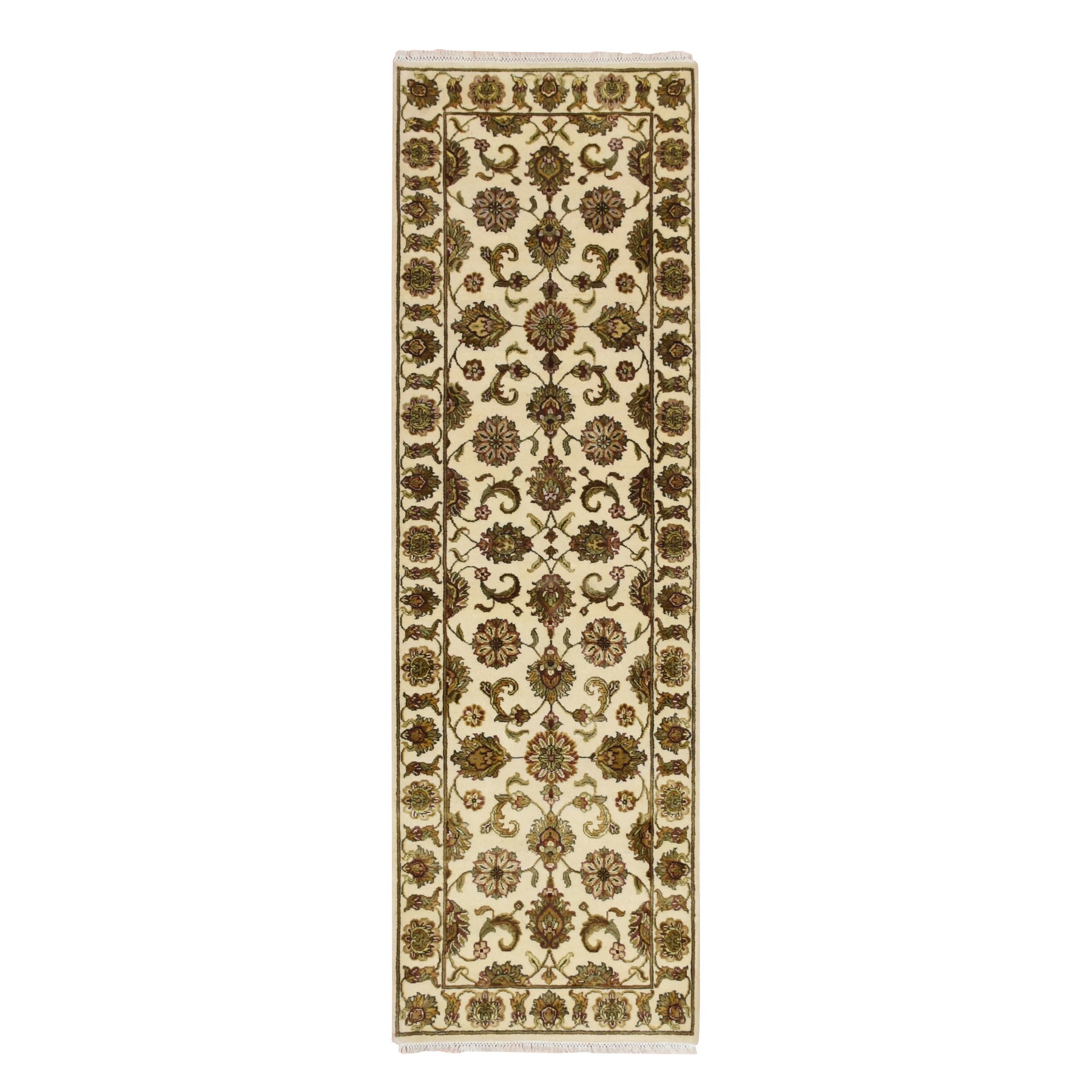 Photon White, Rajasthan with All Over Leaf Design, Hand Knotted, Wool and Silk, Thick and Plush, Densely Woven, Runner, Oriental Rug